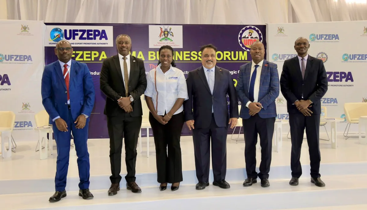 Sule Manufacturers representative on stage with UFZEPA and UMA leadership at the UFZEPA–UMA Business Forum in Entebbe
