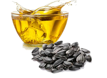 A bowl of yellow Sunflower oil and a pile of black sunflower seeds.